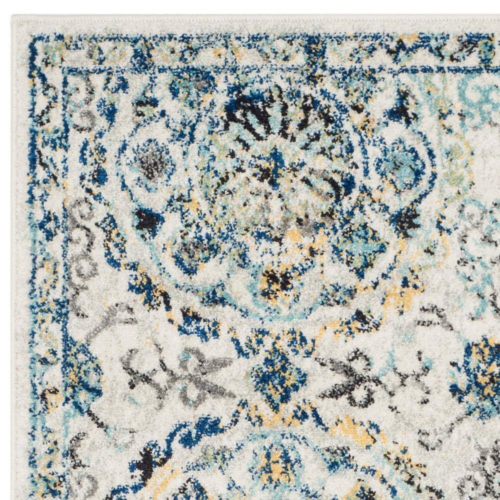 Ivory and Blue High Pile Synthetic Area Rug