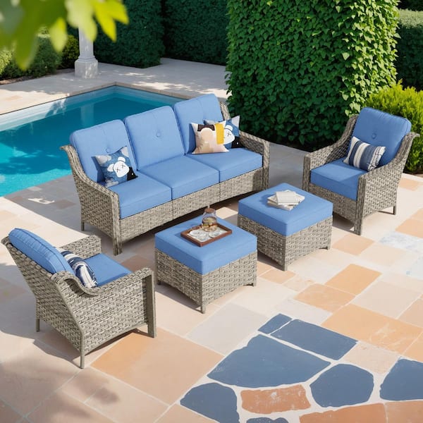 Toject Eureka Grey 5-Piece Wicker Modern Outdoor Patio Conversation Sofa Seating Set with Blue Cushions