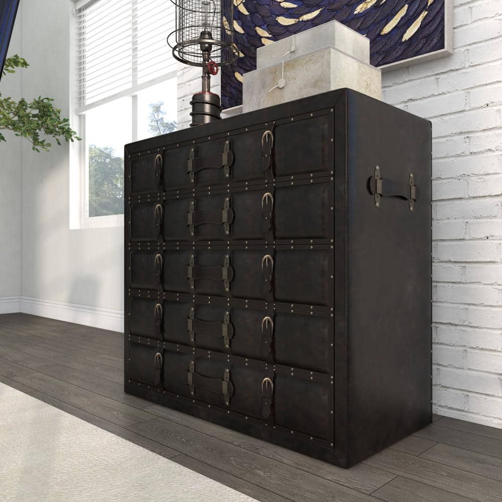 Black Wood Vintage Faux Leather Chest with Buckles and Straps