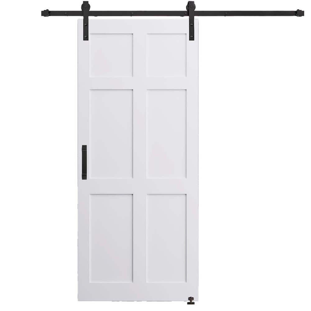24 in. x 80 in. 6-Paneled White Primed Interior Sliding Barn Door with Hard