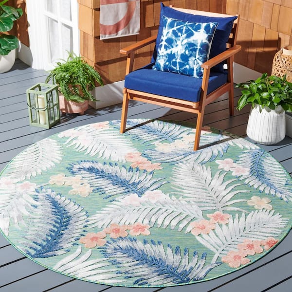 Cabana Green/Navy 6 ft. x 6 ft. High-Low Botanical Floral Indoor/Outdoor Round Area Rug