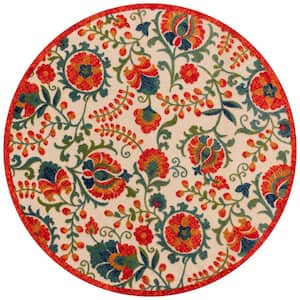 Aloha Red Multicolor 8 ft. x 8 ft. Floral Contemporary Indoor/Outdoor Round Area Rug