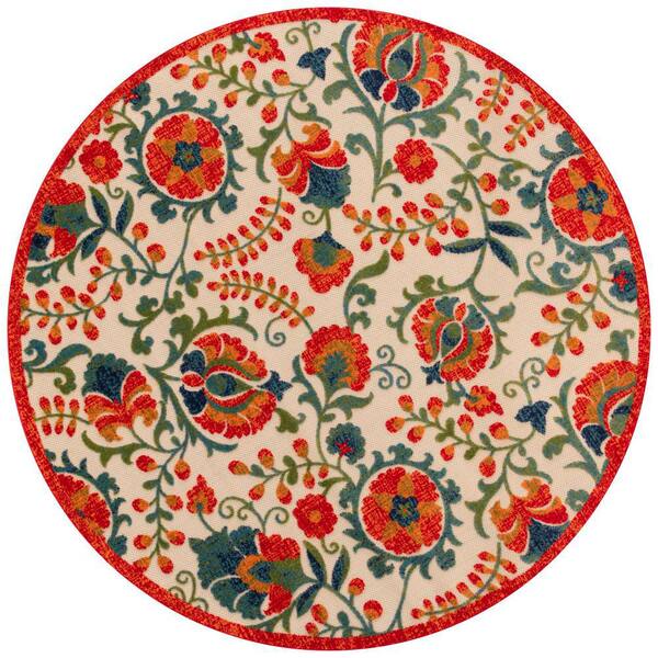8' Round Red And Ivory Round Floral Indoor Outdoor Area Rug 8' Round Red And Ivory Round Floral Indoor Outdoor Area Rug
