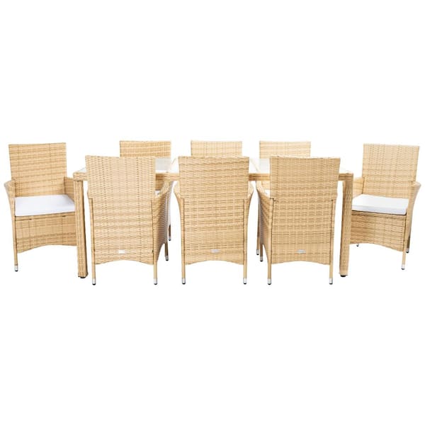 SAFAVIEH Hailee Natural 9-Piece Wicker Outdoor Patio Dining Set with White Cushions
