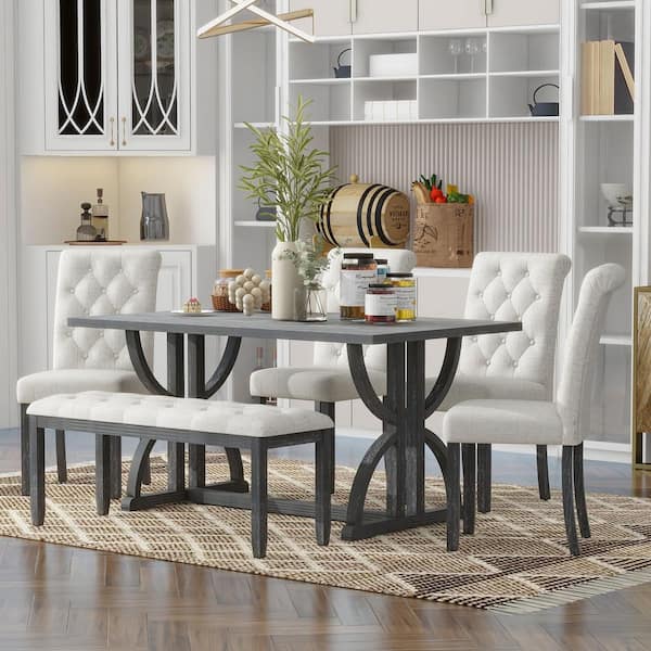6-Piece Retro Gray Wash Wood Top Dining Room Set Seats 5