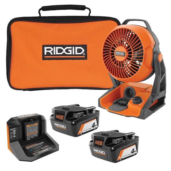 RIDGID 18V Cordless Hybrid Jobsite Fan with (2) 4.0 Ah Batteries, Charger, and Bag
