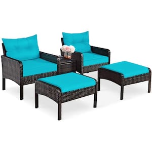 5-Pieces Outdoor Rattan Wicker Patio Set Sectional Furniture Set with Turquoise Cushion