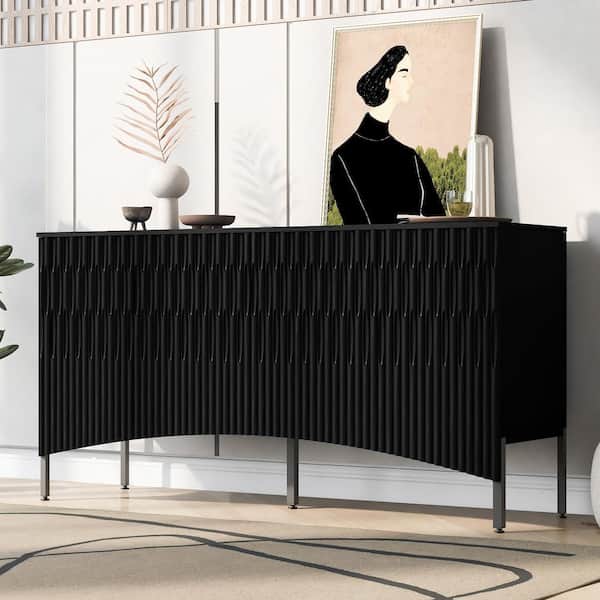 Harper & Bright Designs Black Wood 59.8 in. Curved Doors Storage Sideboard with Adjustable Shelves and Metal Legs