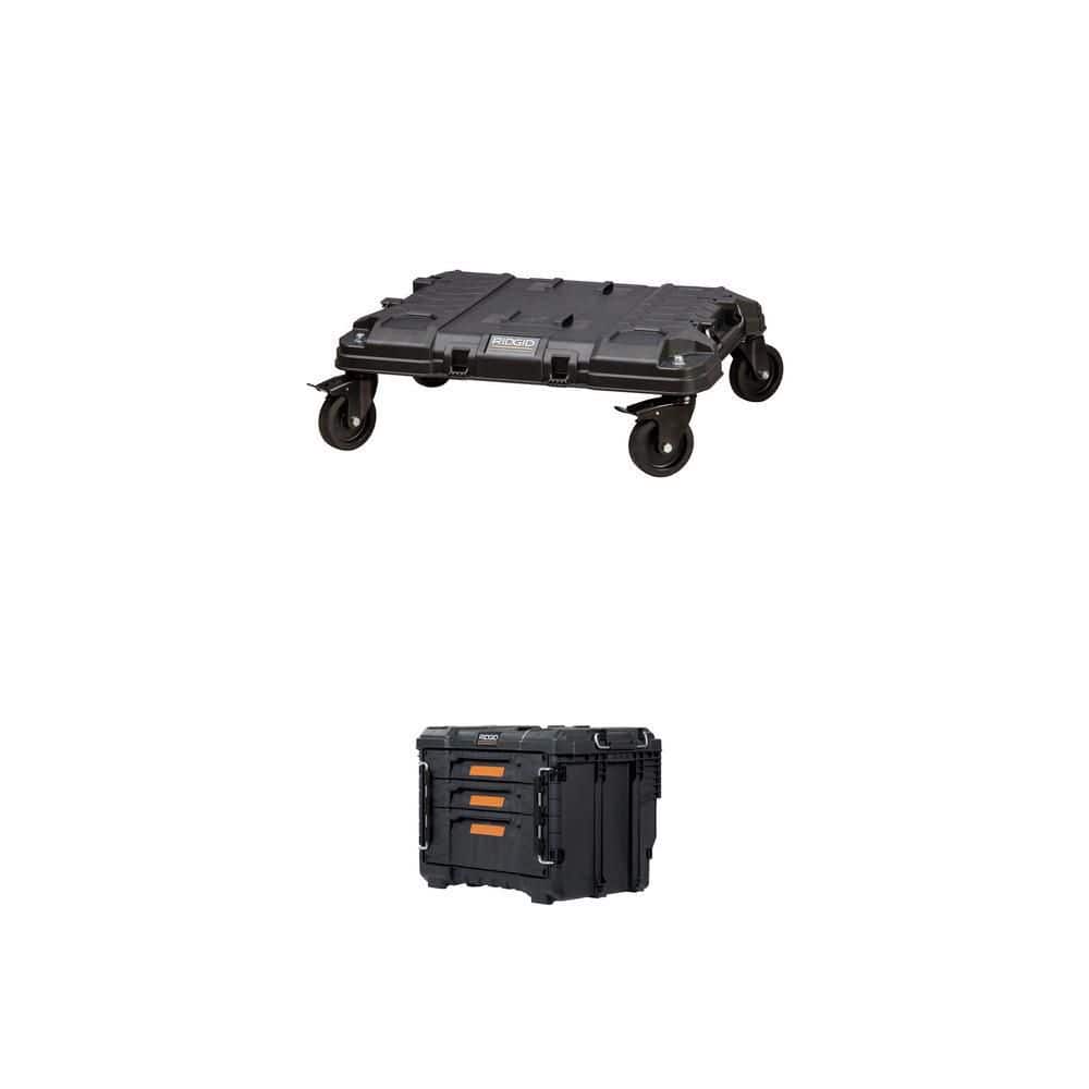 RIDGID Dolly 24 in. x 18 in. Black Modular Tool Cart and Pro Gear 14.6 in.  Black Resin 3 Drawer Tool Box Combo - The Home Depot