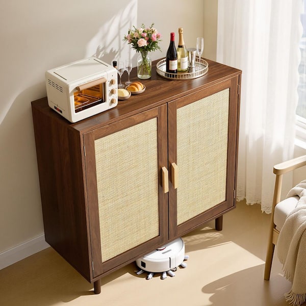 Rattan Cabinet, Rattan Storage Cabinet with 2 Magnetic Doors and Adjustable Shelves, Sideboard with Wooden Legs, Khaki