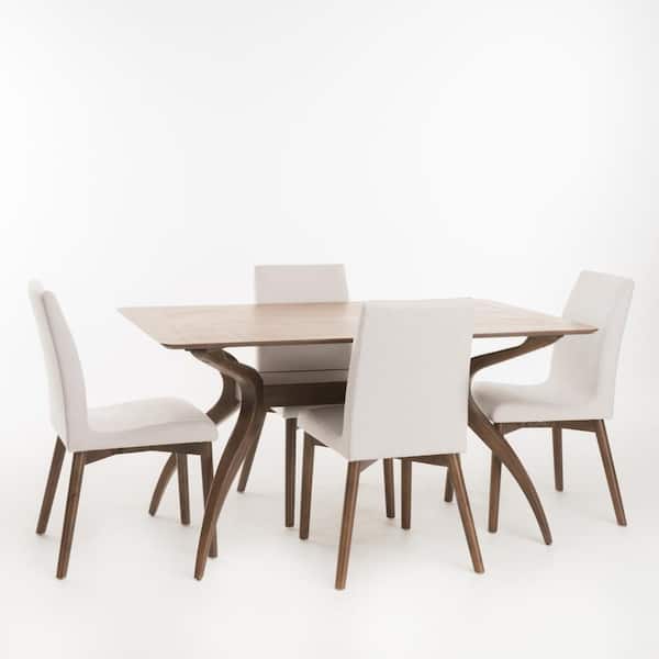 Noble House Orrin 5-Piece Light Beige and Natural Walnut Dining Set
