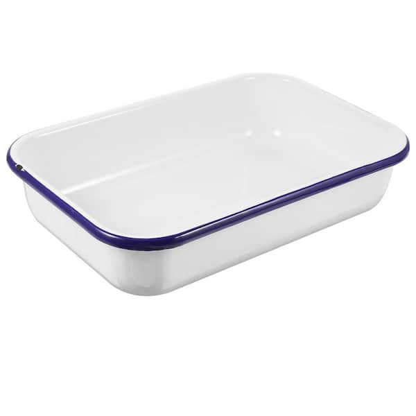 Enamelware Rectangular Enamel Baking Sheet White Serving Tray with Blue Rim Single Cookie Pan for Oven