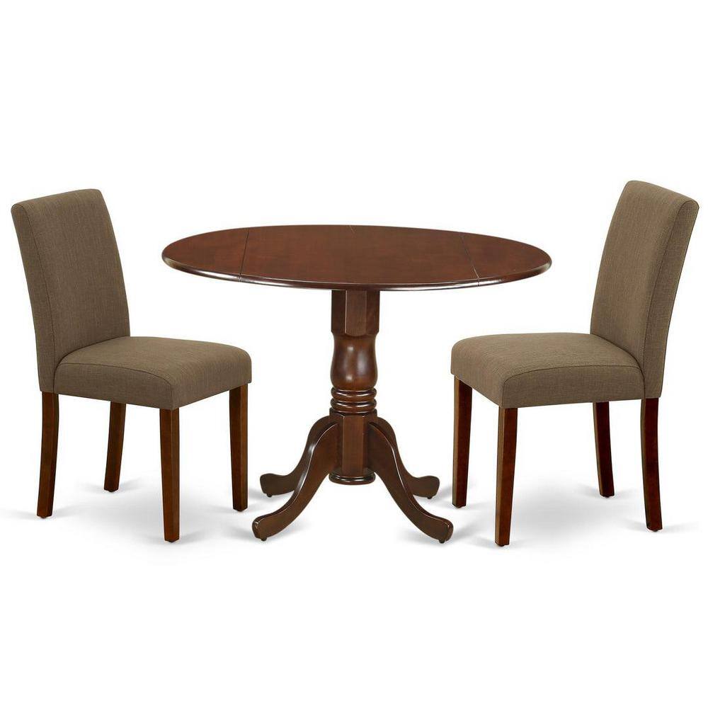 Mahogany Round Dining Table Set with Coffee Linen Chairs
