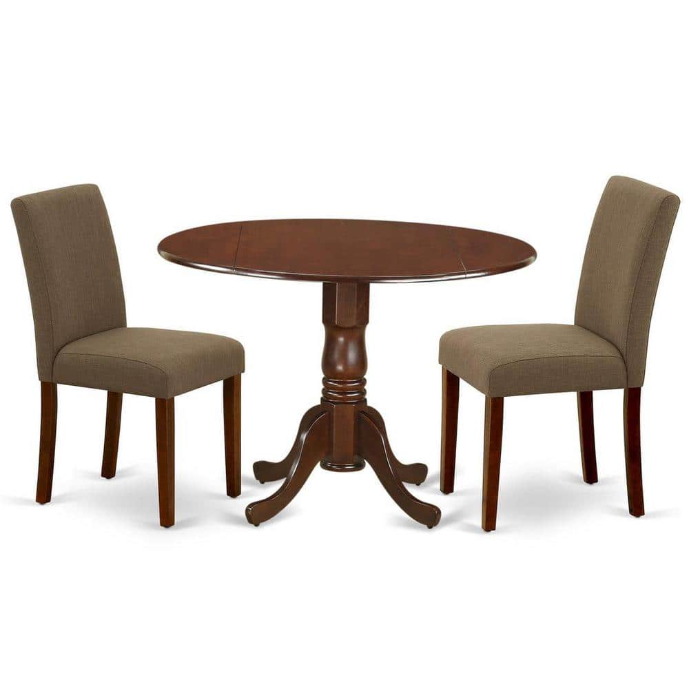 Mahogany Round Dining Table Set with Coffee Linen Chairs