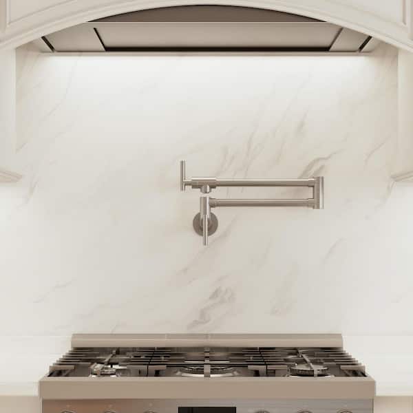 Wall‑Mounted Pot Filler Faucet with Dual Handles, 360° Swivel Foldable Spout, 2.5 GPM in Brushed Nickel