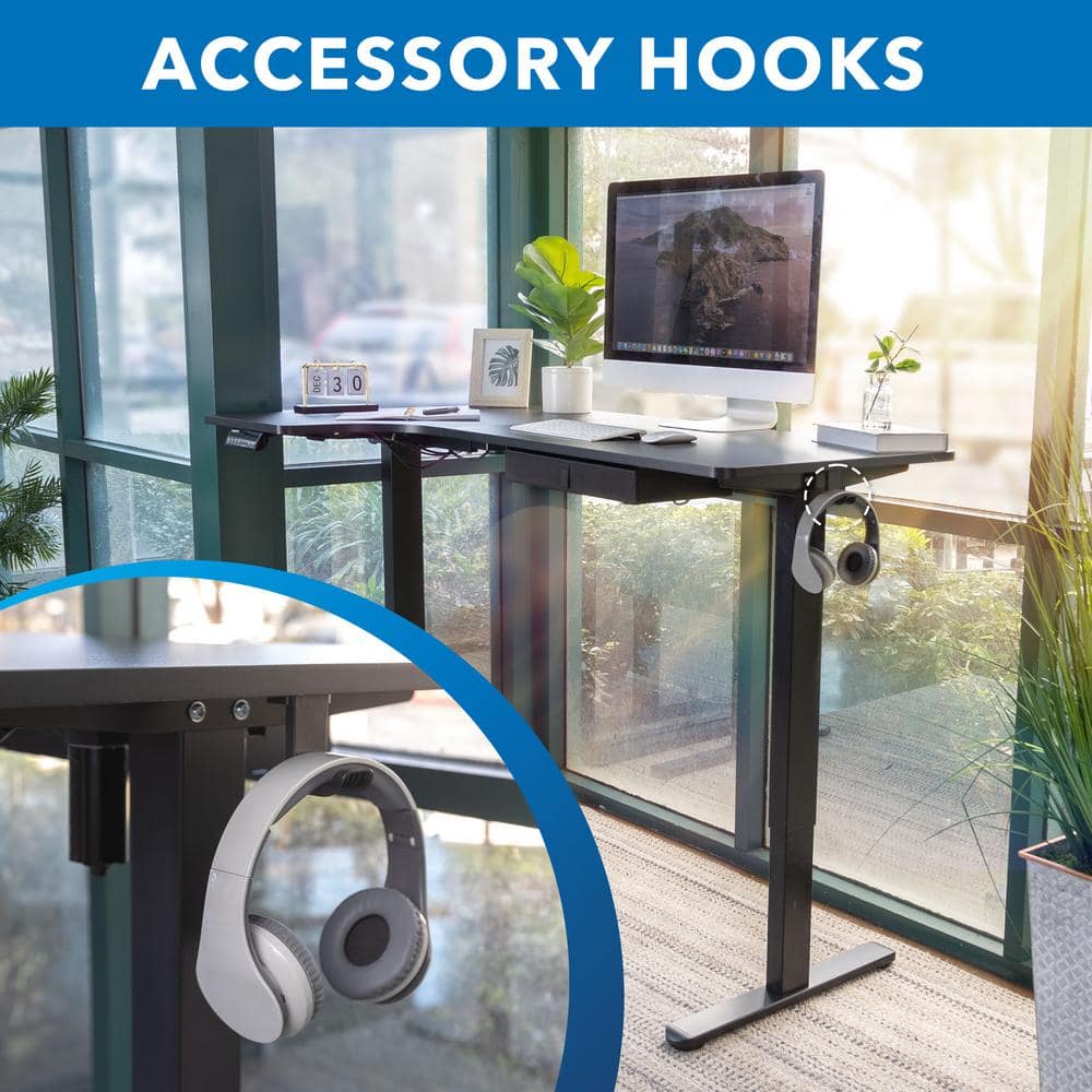 AdaptaDesk 35" Black Wood Electric Sit-Stand Corner Desk with Drawer