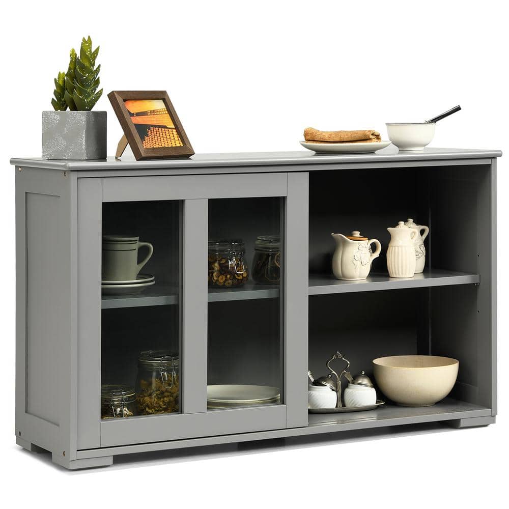 Gray MDF and Glass Sliding Door Kitchen Sideboard Cabinet