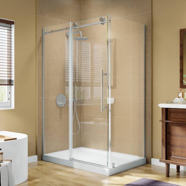 44-48 in. W x 32 in. D x 72 in. H Frameless Corner Sliding Shower Door Enclosure in Brushed Nickel 3/8 in. Clear Glass
