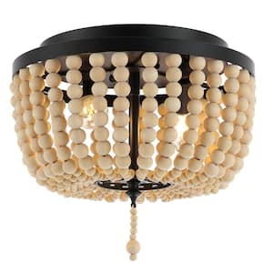 Allison 10 in. 2-Light Shabby Chic Farmhouse Wood Beaded/Metal LED Flush Mount, Black/Cream