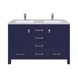 London 54 in. Double Sink Blue Bath Vanity with White Carrara Quartz Top (Assembled)