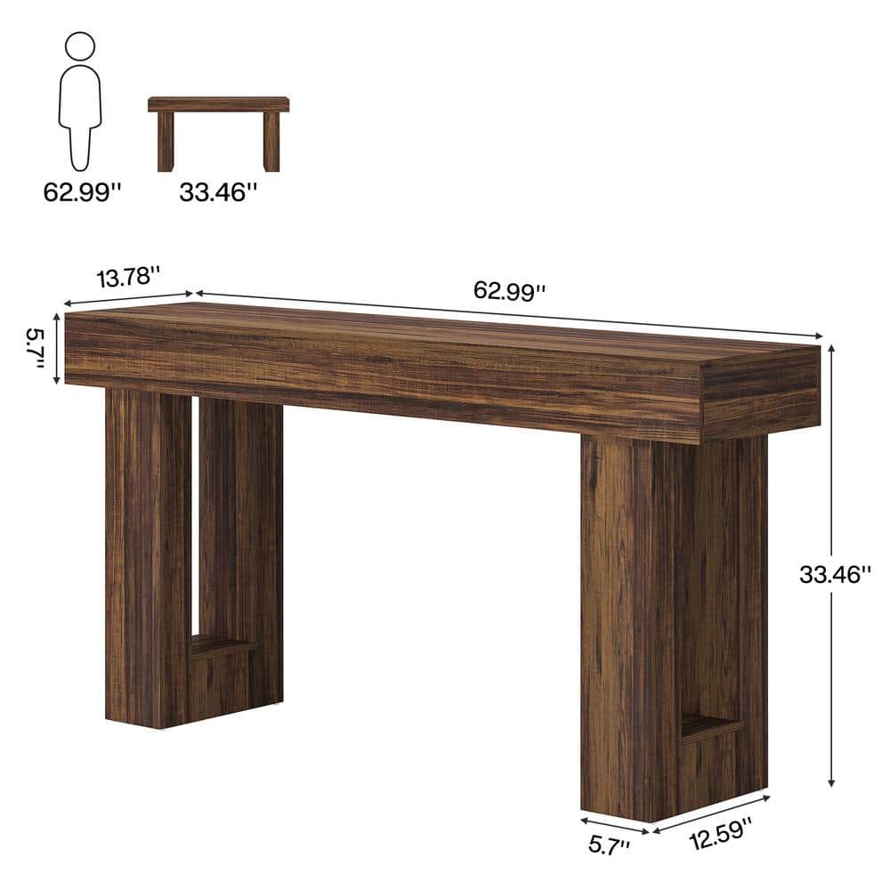 63-Inch Rustic Brown Wooden Console Table with Storage