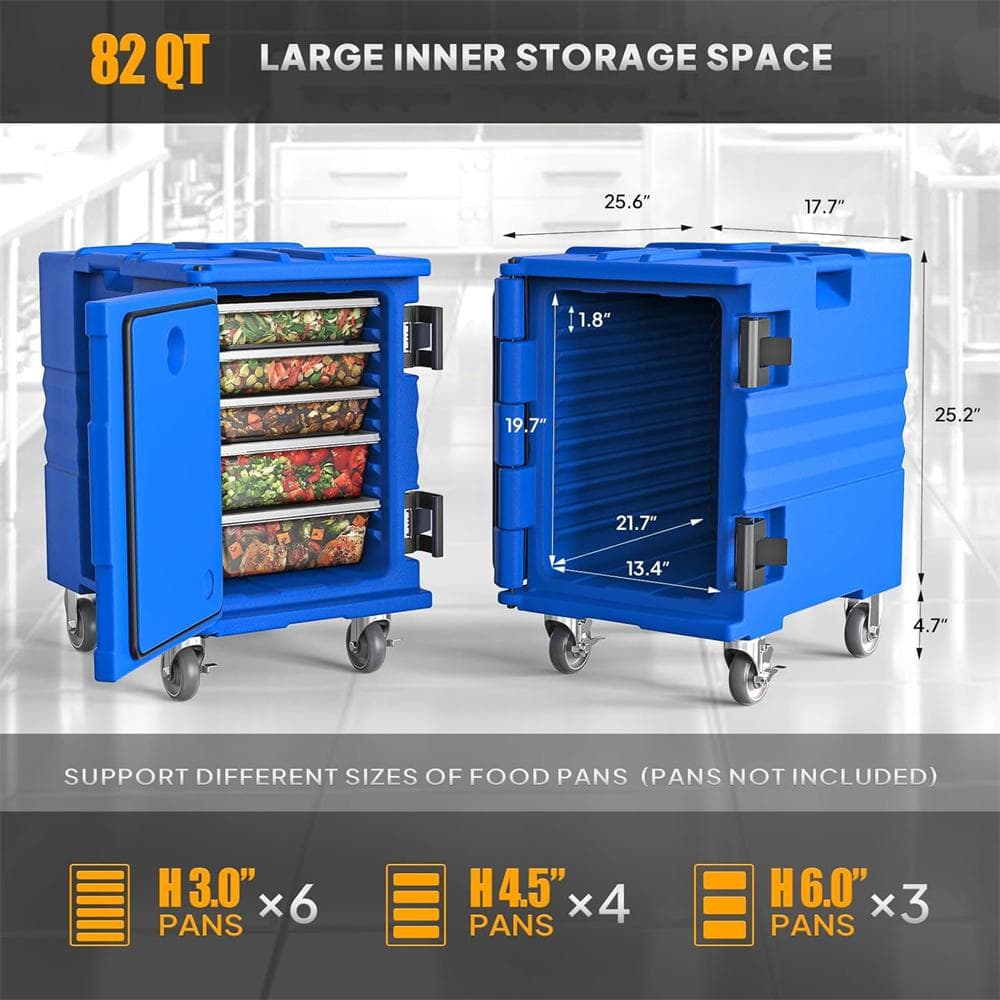 82 QT Blue Insulated Food Pan Carrier with Lockable Wheels