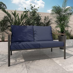 2-Seater Wicker Outdoor Loveseat Sofa with Blue Cushions