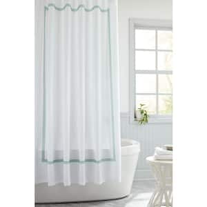70 in. x 72 in. Linear Border Fabric Shower Curtain in Spa Blue White