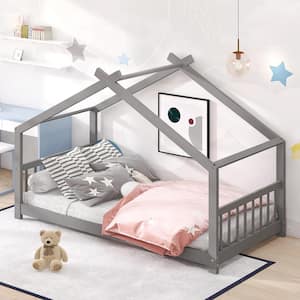 Gray Twin Size Toddlers House Bed with Headboard and Footbard, Wood House Shape Floor Kids Capony Bed Frame