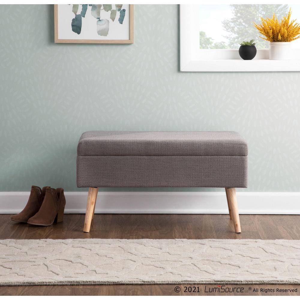 Contemporary Gray Fabric Upholstered Storage Bench with Natural Wood Legs