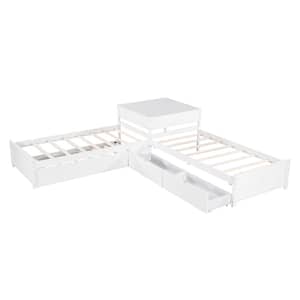 White L-Shaped Platform Bed with Trundle and Drawers Linked with Built-in Desk,Wood Corner Bed with 3 Twin Beds for Kids