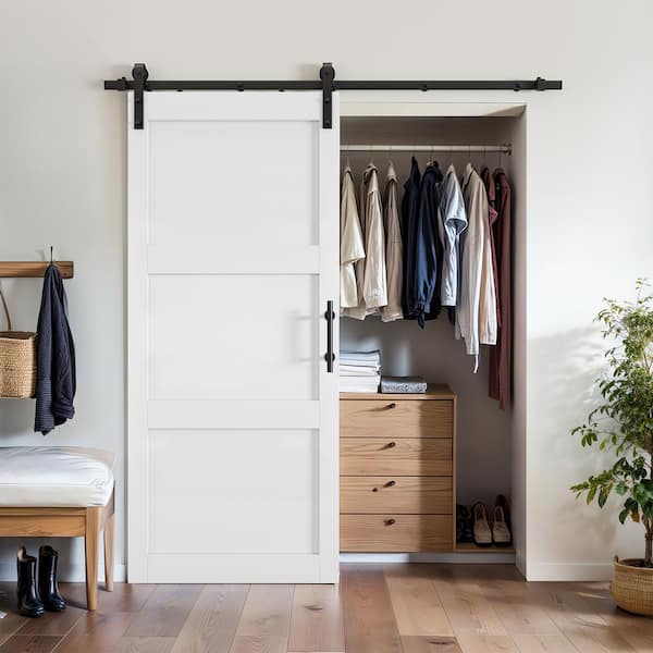 28 in. x 84 in. Classic 3-Plank White Finished MDF Sliding Barn Door with Hardware Kit