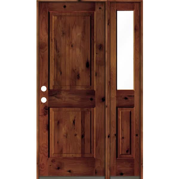 Krosswood Doors 46 in. x 80 in. knotty alder Right-Hand/Inswing Clear Glass Red Chestnut Stain Square Top Wood Prehung Front Door w/RHSL