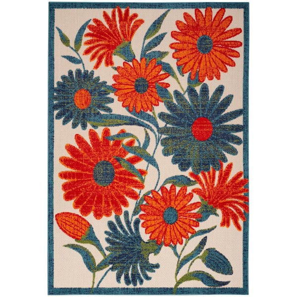 Aloha Ivory Multicolor 5 ft. x 8 ft. Floral Contemporary Indoor/Outdoor Area Rug