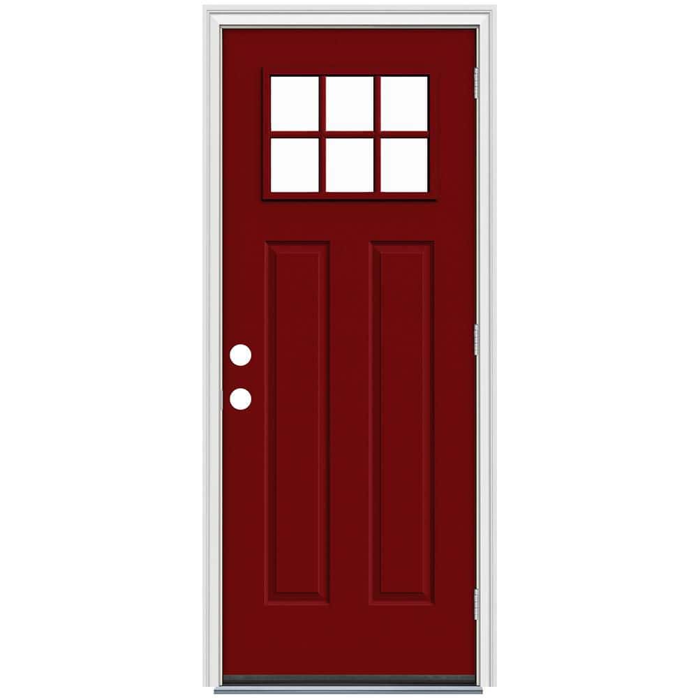 30 in. x 80 in. 6-Lite Craftsman Cranberry Red Painted Steel Prehung Left-Hand Outswing Front Door with Brickmould