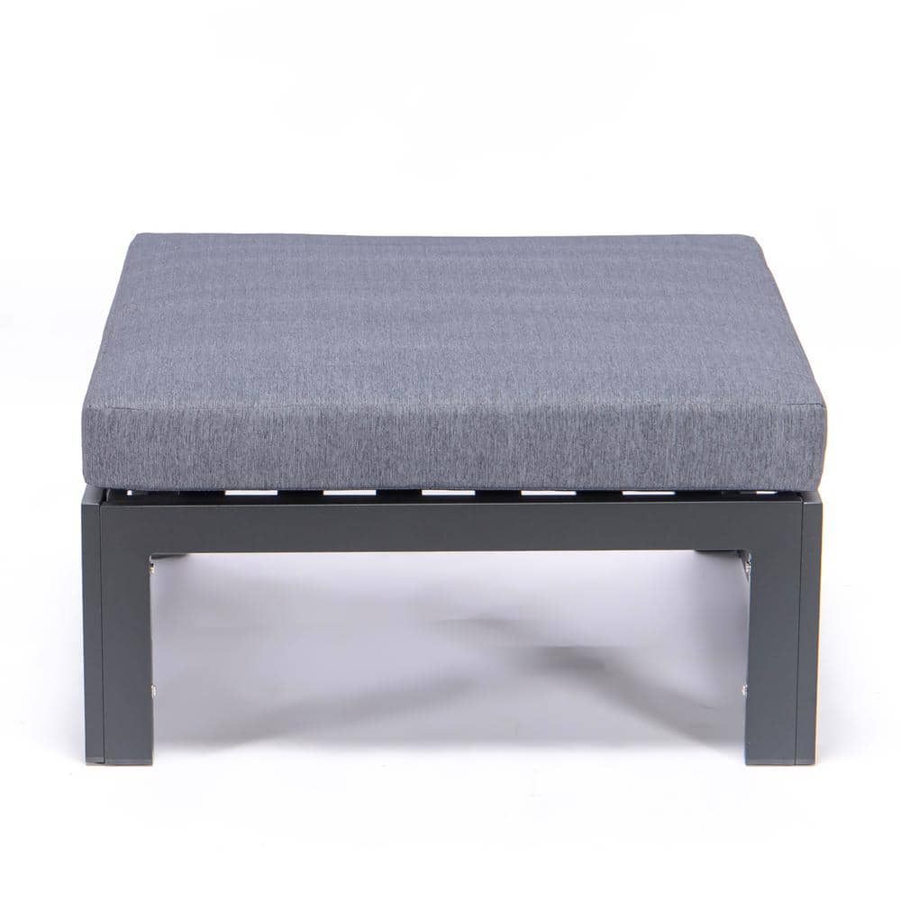 Chelsea Modern Black Aluminum Outdoor Ottomans with Blue Cushions, Set of 2