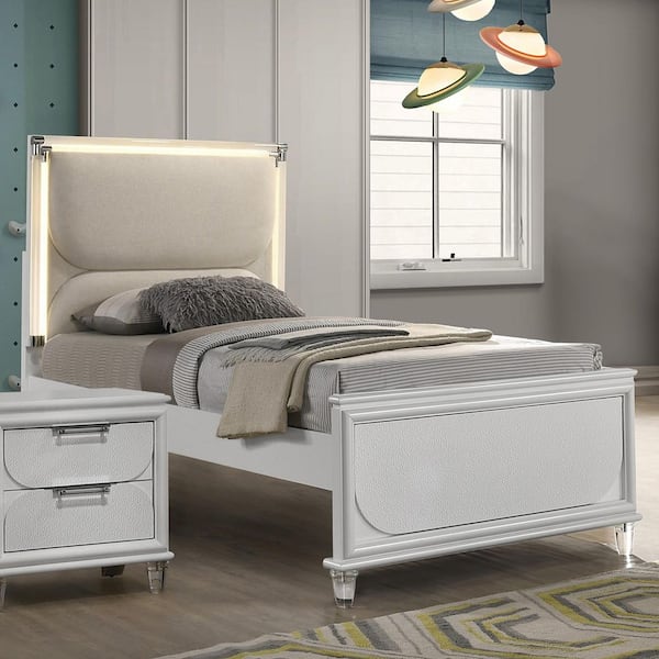 Glosan Pearl White Wood Frame Twin Kids Platform Bed with LED on Upholstered Headboard