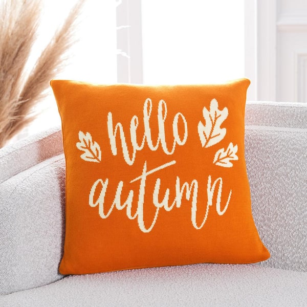 Fall Season Decorative Single Throw Pillow Hello Autumn 18 in. x 18 in. White & Orange Square Thanksgiving for Couch, Bedding, Size: 18 x 18