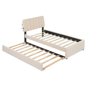 Beige Wood Frame Upholstered Twin Size Platform Bed with Trundle and LED Light
