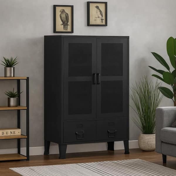 Miry Black 47.2 in. H Storage Office Cabinet with 2-Drawers and 2-Mesh Front Doors