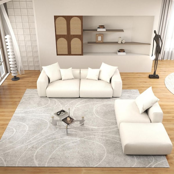 J&E Home 102 in. Square Arm 4-Piece Corduroy Modular Free Combination Sectional Sofa in Beige with Ottoman and Removable Cover