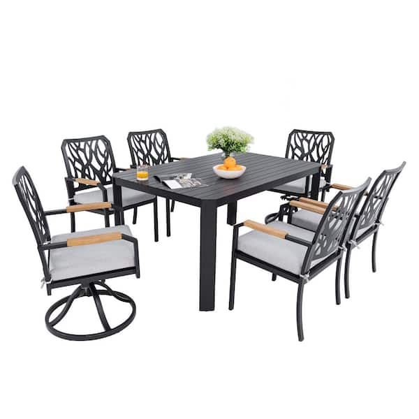 7-Piece Patio Aluminum Outdoor Dining Set with 2-Swivel Rockers, 4-Chairs, White Cushions, 1-Dining Table, Bourbon