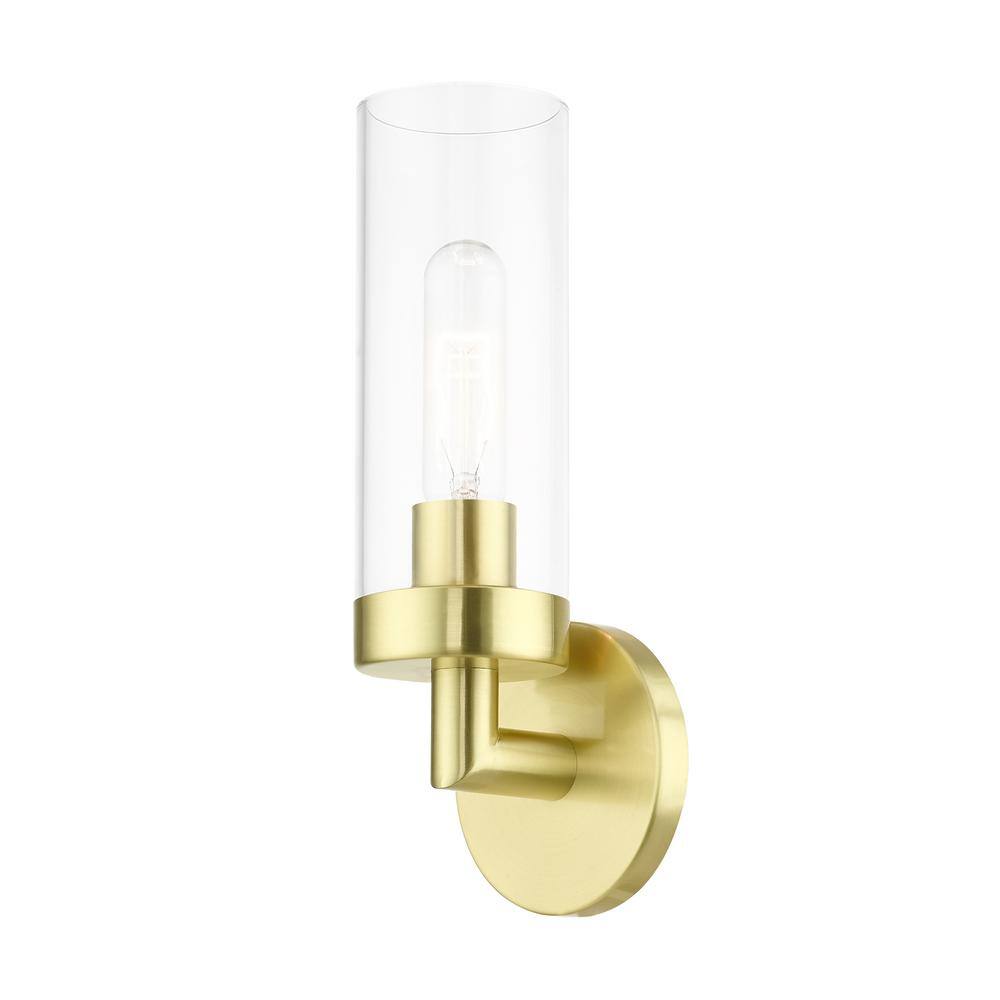 Urban Elegance Satin Brass Dimmable Sconce with Clear Glass