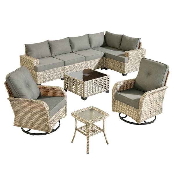 Merritt 9-Piece Wicker Outdoor Furniture Patio Conversation Sofa Set with Swivel Chairs and Dark Grey Cushions