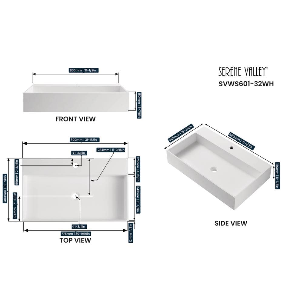 Matte White Solid Surface Rectangular Wall-Mount Bathroom Sink