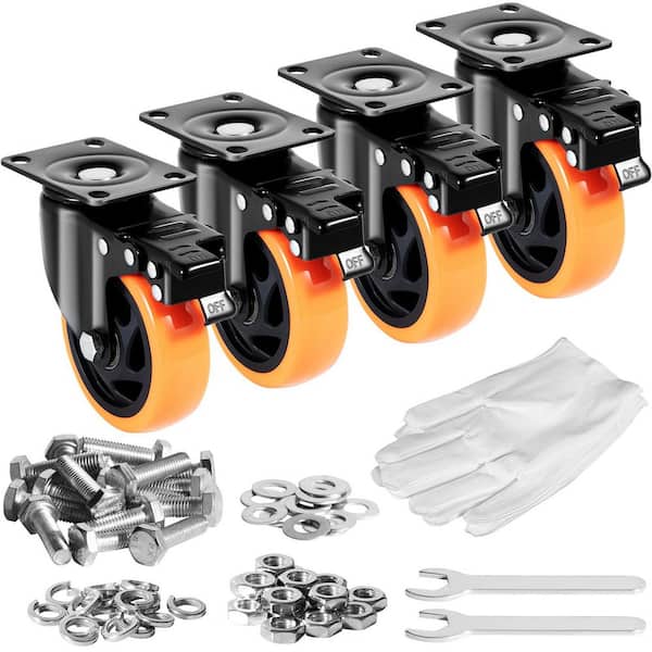 Casters, 4 in. Swivel Plate Casters, Set of 4 with Safety A/B Locks, Noiseless PVC Wheels, Heavy Duty, 350 lbs. Capacity