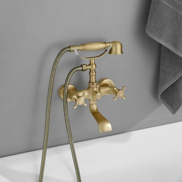 3-Handle Wall Mount Claw Foot Tub Faucet with Hand Shower in Antique Brass