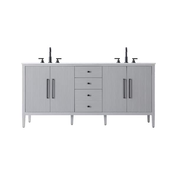72 in. Double Sink Grey Bath Vanity with White Engineered Marble Top