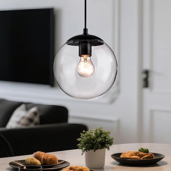 8 in. 100-Watt 1-Light Modern Matte Black Mini Pendant Light Fixture with Clear Globe Glass Shade for Kitchen Island