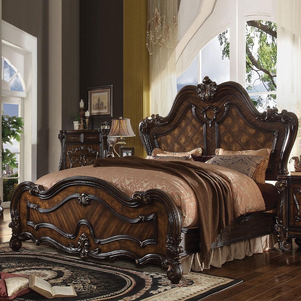 Versailles Cherry Oak Queen Bed with Upholstered Headboard